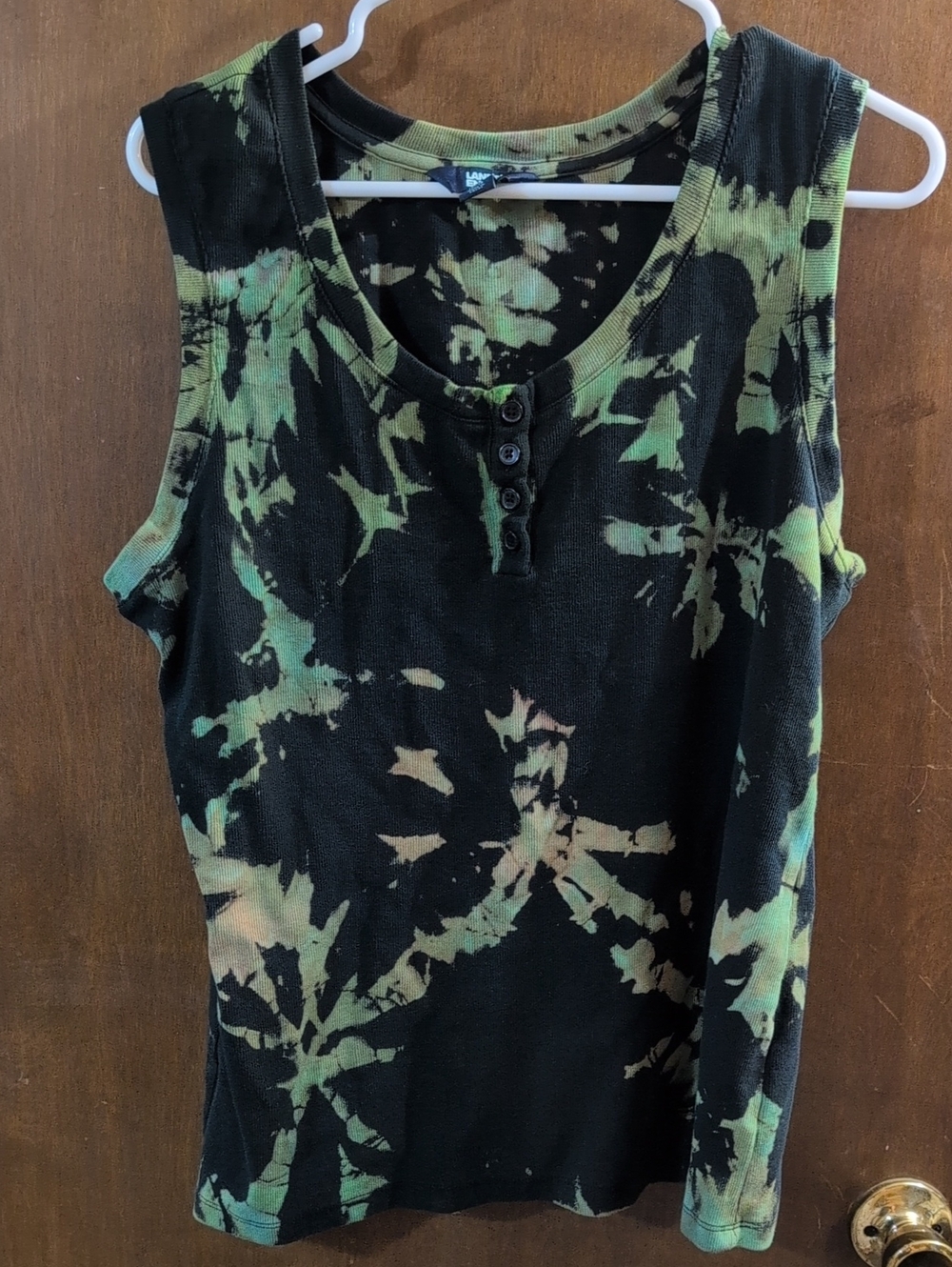 Lands' End Black & Green Reverse Ice Tie-Dye Henley Tank